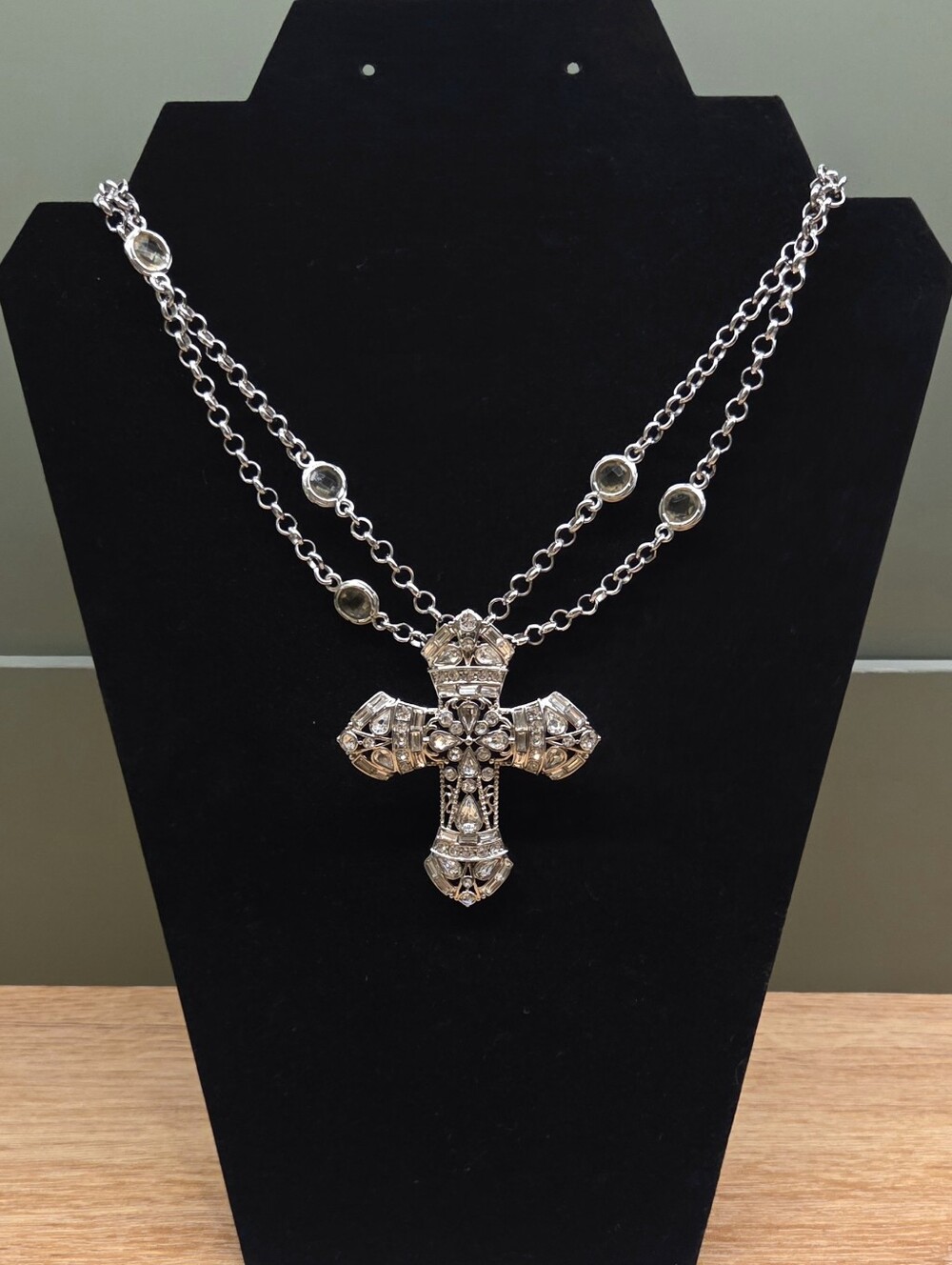 Real Collectibles by Adrienne Sparkly Clear Crystal Cross Enhancer Necklace 24"